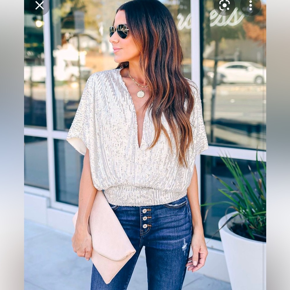 Women's Silver Sequin Batwing Blouse — Sparkle V-Neck Top